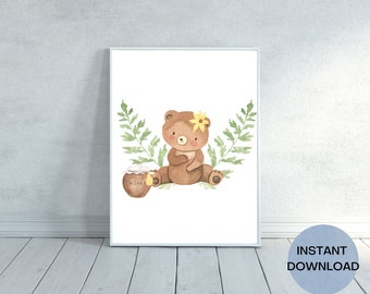 Watercolor Teddy Bear Nursery Wall Art, Honeypot and Botanical Fern, Digital Download