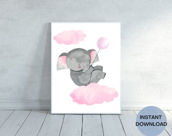 Pink Elephant Nursery Wall Art, Watercolor Printable, Digital Download