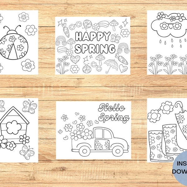 Digital Groovy Spring Coloring Pages for Kids, Simple Toddler Coloring Pages, Set of 12 Digital Download