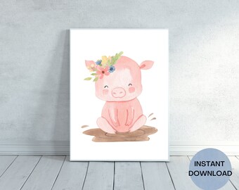 Charming Watercolor Farm Pig Art Print - Baby Nursery Decor - Digital Download - Rustic Baby Room Wall Art