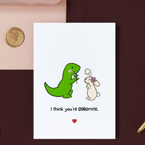 Penso che tu sia DINOmite - Carino dinosauro T-rex e coniglietto - Biglietto di auguri minimalista per San Valentino o anniversario / Stampa artistica