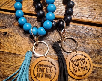 Losing My Mind One Kid At A Time - Handmade Wood Engraved Stretchy Wristlet Keychains - Great Cheap Christmas Stocking Stuffers & Gifts!