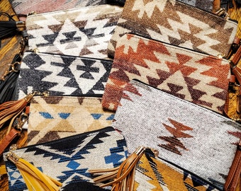 Western Pendleton Wool Style Aztec Wristlet Purse Wallet Makeup Bag