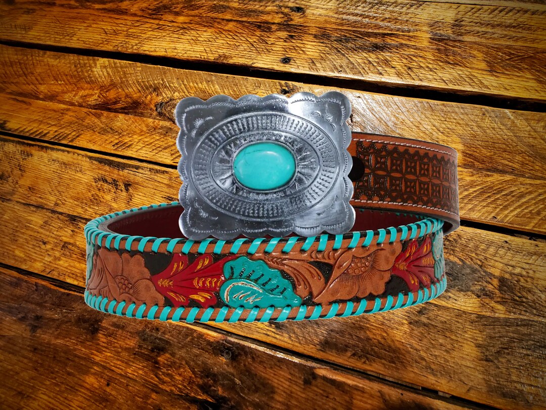 HOOey Top Notch Hand Tooled (Natural/Turquoise) - Mens Western Leather Belt main image 1
