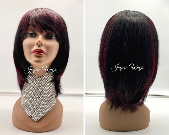 WIGS Soft Straight Black Wig for Women With Burgundy - Etsy WIGS Soft Straight Black Wig for Women With Burgundy - Etsy
