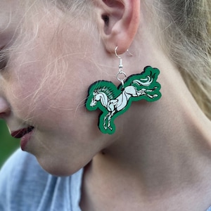 Horse Fantasy Ring Shire Wood Engraved Dangle Earrings | Green and White Handcrafted Earrings