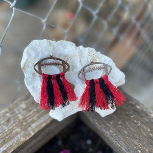 Custom Football Team Color Earrings – Wood Engraved with Macrame Thread | Personalized School Spirit Game Day Jewelry