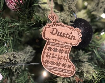 Custom Personalized Name Snowflake and Reindeer Christmas Stocking Ornament. Okie Original