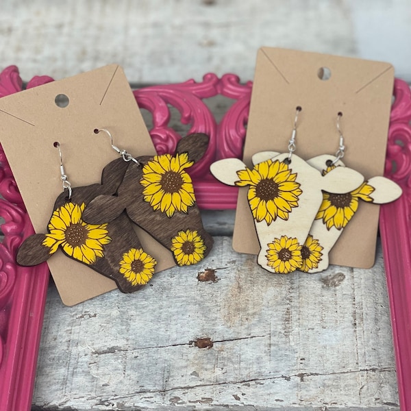 Cute Cow Sunflower Dangle Wood Engraved Hand Painted Earrings. Rustic Country Cute Jewelry. Okie Original