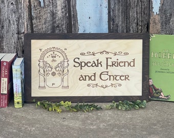 Speak Friend and Enter Door Sign | Elvish Wood Engraved Rectangle with Walnut Frame | Fantasy Ring Decor for Home, Bar, or Office