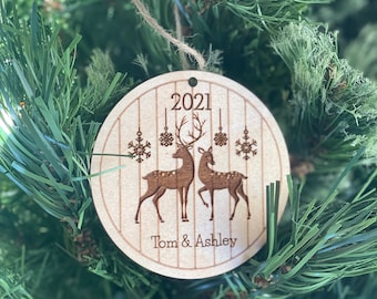 Personalized Couple Deer & Snowflakes Christmas Ornament | Custom Name | First Christmas Together