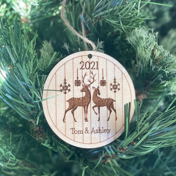 Personalized Couple Deer & Snowflakes Christmas Ornament 2023. Couples Name, first Christmas together.  Custom Name. Okie Original