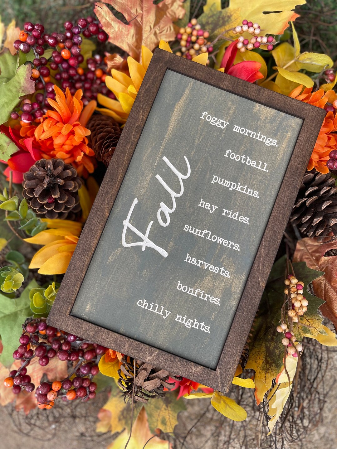 Fall Gray Rustic Wood Engraved Sign | Autumn Decor Featuring Football ...