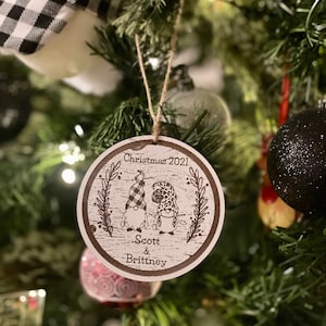 Personalized Christmas Gnome Couple Ornament | Plaid & Leopard Hat | Wood Engraved