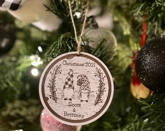 Personalized Christmas Gnome Couple Ornament | Plaid & Leopard Hat | Wood Engraved