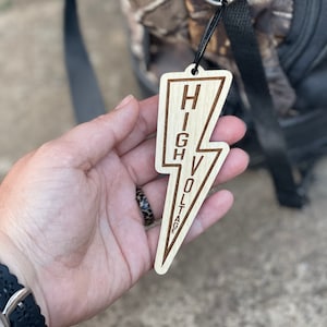 High Voltage Wood Engraved Charm Keychain | Bag & Luggage Tag | Lineman Line Life Gift
