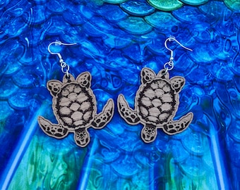 Sea Turtle Engraved Wood Dangle Earrings. Okie Original