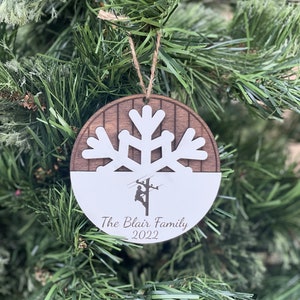 Lineman High Voltage Family Christmas Ornament | Custom Name & Year | Wood Engraved Snowflake Design