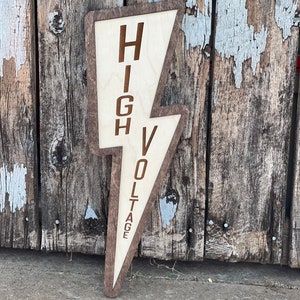 High Voltage Lineman Lightning Bolt Wood Engraved Sign | Man Cave Decor | Electrician Gift