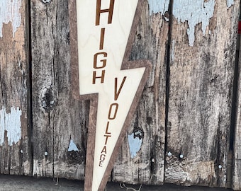 High Voltage Lineman Lightning Bolt Wood Engraved Sign | Man Cave Decor | Electrician Gift
