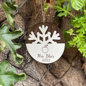 Personalized Teacher Apple Christmas Ornament | Custom Name & Year | Wood Engraved Snowflake Gift for Teachers
