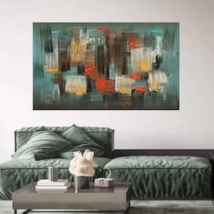 Large Panoramic Canvas Wall Art Abstract Prints, Turquoise Abstract Brushstroke, Acrylic Art, Abstract Painting on Canvas,  Canvas Prints