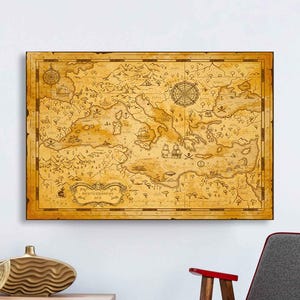 Vintage Mittelmeer Karte Leinwand Wandkunst, Pirat im Antik-Stil, Treasure Island Fantasy Monster, Schiffe Leinwand Druck gerahmt Kunst