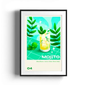 Mojito Cocktail Art Print | Refreshing Lime Drink Poster | Mid-Century Modern Kitchen Decor | Perfect Gift for Cocktail Lovers and BFFs