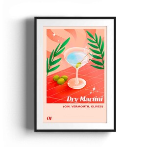 Martini Cocktail Kunstdruck | Stilvolles Olive Poster für Barwagen | Mid-Century Modern Wand Dekor | Funky Küche Getränke Kunstwerk