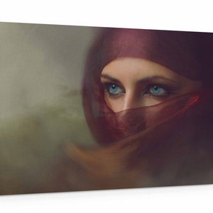 Mystic Arabian Woman Canvas Wall Art – Elegant Portrait with Piercing Blue Eyes and Veil, Modern Middle Eastern Style Print for Home Décor