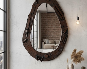 Industrial MDF Frame Mirror with iron decor – Rustic Steampunk Wall Mirror