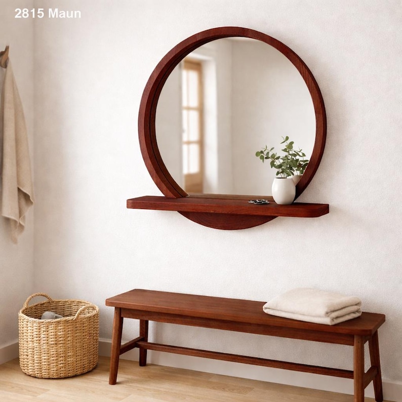 Ronde spiegel massief beukenhout met plank – Scandinavische badkamerspiegel Mahogany