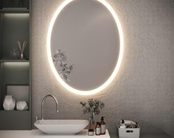 Puede incluir: Un tocador de baño moderno con un espejo redondo iluminado, un lavabo de porcelana blanca y un grifo cromado. Hay varias botellas de artículos de tocador y una pequeña cesta de almacenamiento blanca en el mostrador.