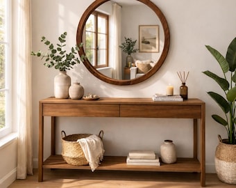 Espelho redondo com moldura de madeira maciça feita à mão – Espelho de parede moderno em estilo escandinavo