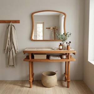 Könnte beinhalten: Ein hölzerner Schminktisch mit passendem Spiegel, einem geflochtenen Korb und einem neutralfarbenen Bademantel an der Wand. Der Tisch hat ein Regal mit einer Box, einem Handtuch und dekorativen Gegenständen. Der Spiegel hat eine einzigartige, geschwungene Form.