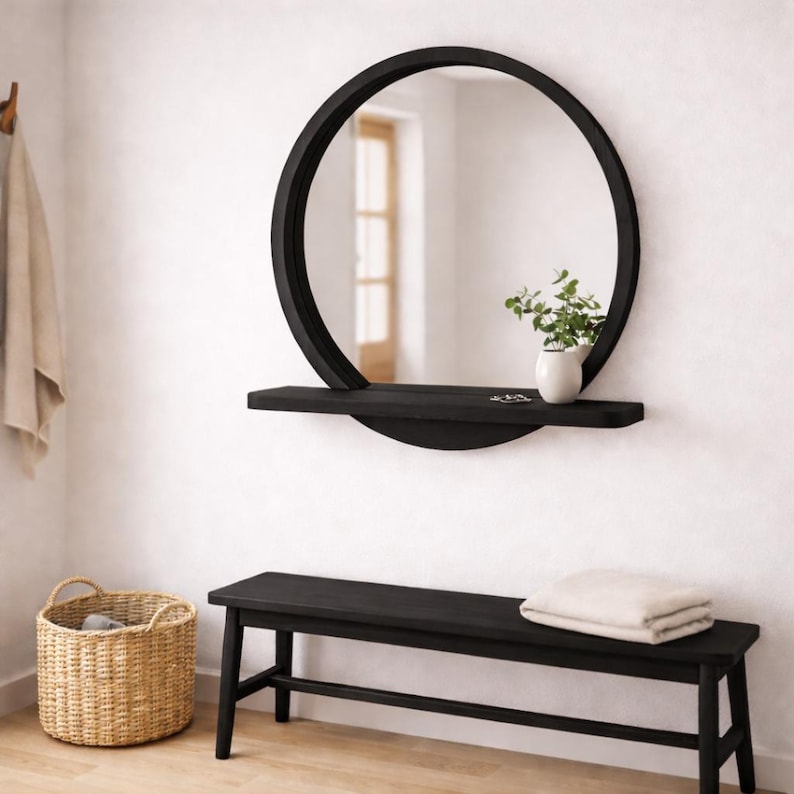 Ronde spiegel massief beukenhout met plank – Scandinavische badkamerspiegel Black
