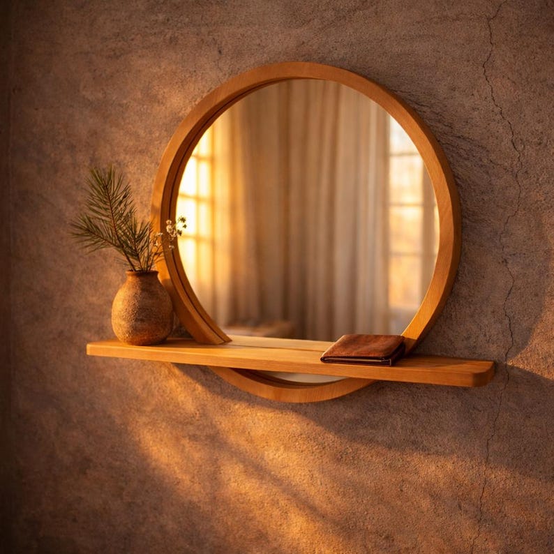 Op de afbeelding: Een ronde houten spiegel met een plank. De spiegel heeft een natuurlijke houten afwerking en een cirkelvorm. Een kleine vaas met groen en een bruine portemonnee staan op de plank. De spiegel is aan een getextureerde muur bevestigd.