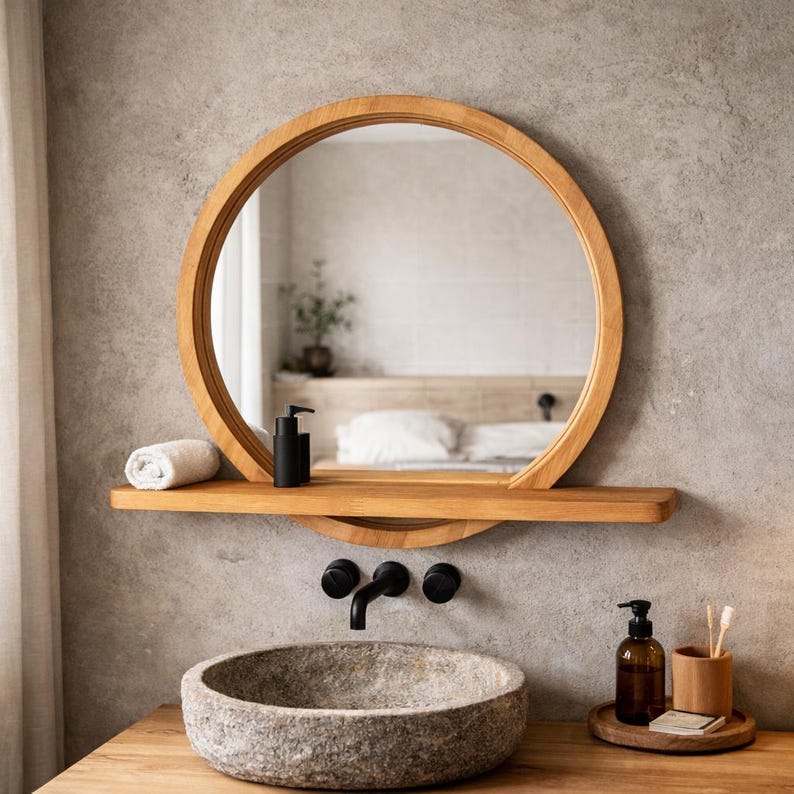 Op de afbeelding: Een ronde spiegel met houten frame en plank, boven een stenen wastafel. Een zwarte zeepdispenser en een opgerolde witte handdoek staan op de plank. De wastafel heeft een zwarte kraan en staat op een houten aanrecht. Badkamerdecoratie.