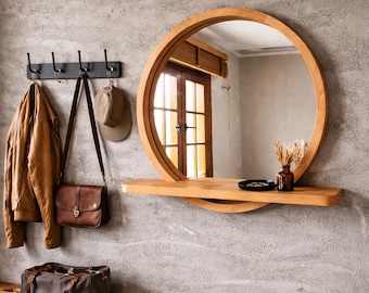 Espejo redondo de madera maciza de haya con estante: espejo de baño de estilo escandinavo para la entrada.
