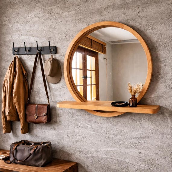 Solid Beech Wood Round Mirror with Shelf – Scandinavian Entryway Bathroom Mirror