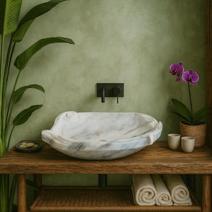 Hand-Carved Marble Vessel Sink: White & Gray Stone Basin