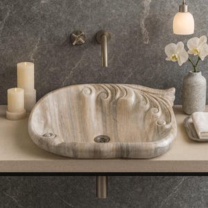 Hand-Carved Stone Vanity Basin with Natural Brown Veins, Elegant Rectangular Vessel for Luxury Decor