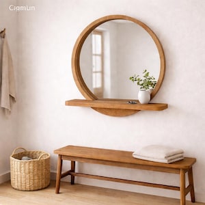 Ronde spiegel massief beukenhout met plank – Scandinavische badkamerspiegel Oak