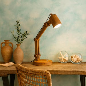 Rustic Wooden Desk Lamp - Handcrafted Adjustable Table Light for Office or Bedroom