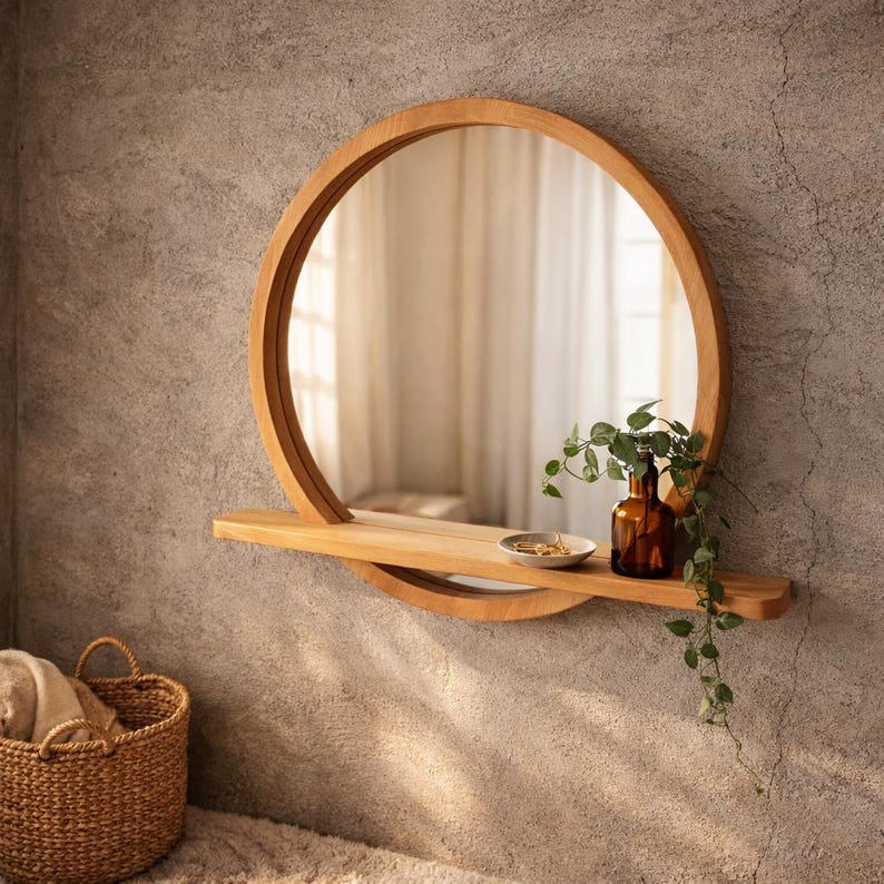 Op de afbeelding: Een ronde houten spiegel met een plank. De spiegel heeft een natuurlijke houten afwerking en een eenvoudig, modern ontwerp. Een kleine bruine glazen fles, een klein wit schaaltje en een groene plant staan op de plank.