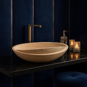 Handmade Travertine Stone Bathroom Sink: Round Beige Vessel Basin