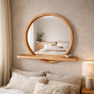 Op de afbeelding: Een ronde houten spiegel met een plank, bevestigd aan een neutraal gekleurde muur. De spiegel weerspiegelt een slaapkamer. Een wierookstokje en een kleine kom staan op de plank. De spiegel hangt boven een bed met beige beddengoed.