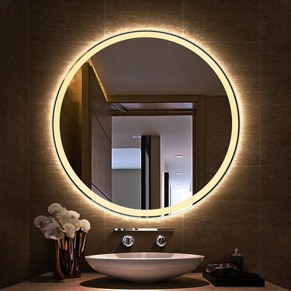 HORV Espejo de tocador LED de baño, espejo redondo montado en la pared, luz  blanca cálida, impermeable, diseño de chorro de arena de borde, perfecto