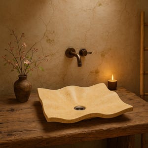 Natural Stone Vessel Basin, Hand Carved Beige Vanity Bowl, Luxury Wash Sink with Modern Wavy Design