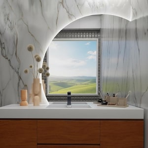 LED Half Moon Wall Mirror: Backlit Vanity Decor - Modern Entryway Lighting